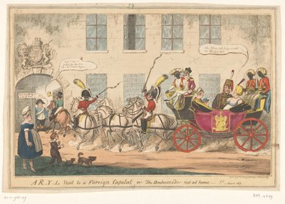 Spotprent op prinses Caroline, 1817 R-Y-L vierailu ulkomaiseen pääkaupunkiin tai, suurlähettiläs ei kotona-!! (otsikko esineessä) tekijältä George Cruikshank