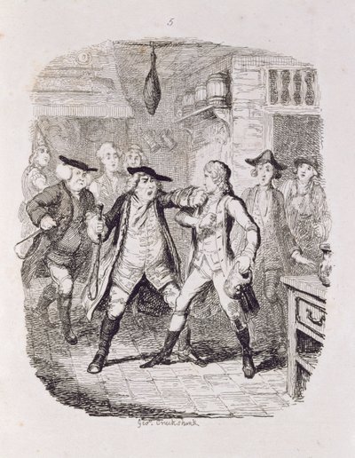 Squire Western Seizing Jones Uptonissa, "Tom Jones, Löytäjän historia", taiteilijan kaivertama, kuvitus teoksesta "The Works of Henry Fielding", pub. kirjoittanut Henry G. Bohn, 1853 tekijältä George Cruikshank