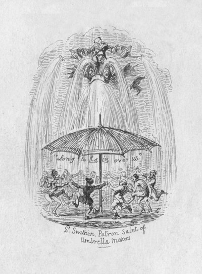 Sateenvarjovalmistajien suojeluspyhimys St. Swithin, 1829 tekijältä George Cruikshank
