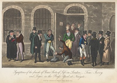 "Jonkinlaisen elämän" päättymisen oireita - Tom, Jerry & Logic Newgaten Press Yardissa, "Life in London, etc.", kirjoittanut Pierce Egan tekijältä George Cruikshank