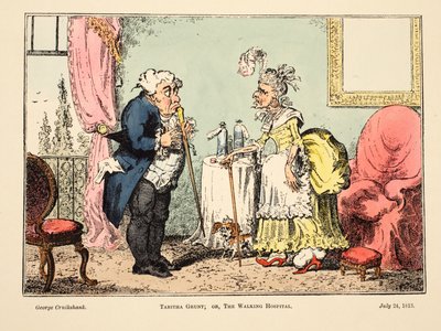 Tabitha Grunt; tai Kävelysairaala, pub. 1813 (käsin väritetty kaiverrus) tekijältä George Cruikshank
