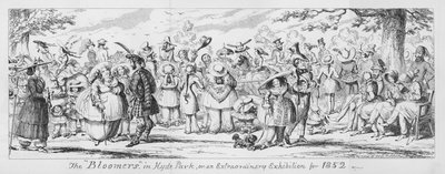 Bloomers Hyde Parkissa tai poikkeuksellinen näyttely vuodelta 1852 (kaiverrus) tekijältä George Cruikshank