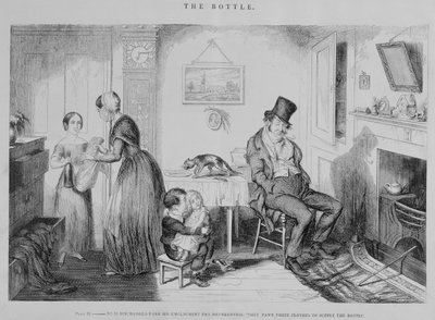 Pullo, levy II, Hänet erotetaan työstään juopumuksen vuoksi: he panttasivat vaatteensa pullon hankkimiseksi, 1847. tekijältä George Cruikshank