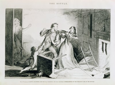 Pullo, lautanen VI, pelottavat riidat ja julma väkivalta ovat luonnollisia seurauksia pullon toistuvasta käytöstä, 1847 tekijältä George Cruikshank