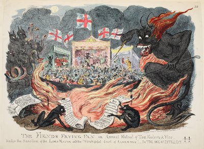 The Fiends Frying Pan tai Annual Festival of Tom Foolery & Vice, pubi. 1832 (käsinvärinen kaiverrus) tekijältä George Cruikshank