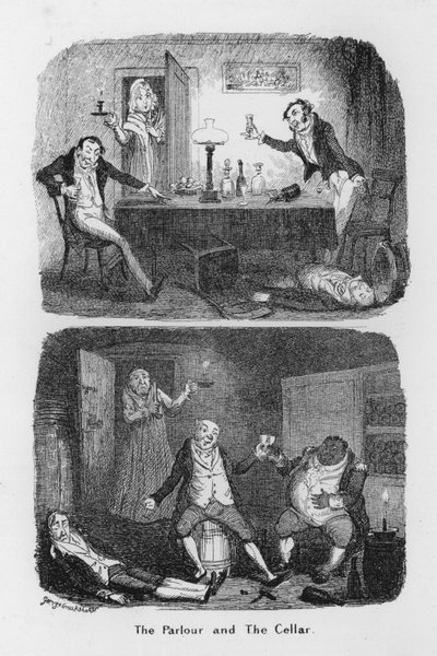 Sali ja kellari (kaiverrus) tekijältä George Cruikshank