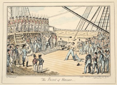 The Point of Honor, Greenwich Hospital, sarja merivoimien luonnoksia, kuvaus sotamiehen elämästä, pubi. 1825 (käsinvärinen kaiverrus) tekijältä George Cruikshank