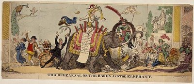 The Rehearsal or the Baron and the Elephant, satiirinen vedos Kemblen Covent Garden -teatterin taidokkaista tuotannoista, joissa oli mukana eläimiä. tekijältä George Cruikshank
