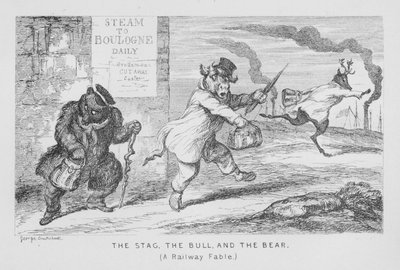 Hirvi, härkä ja karhu, rautatiefaabeli (kaiverrus) tekijältä George Cruikshank