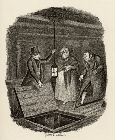 Todisteet tuhotaan Charles Dickensin (1812-70) 1838 kirjasta The Adventures of Oliver Twist, julkaisija Chapman und Hall, 1901 tekijältä George Cruikshank
