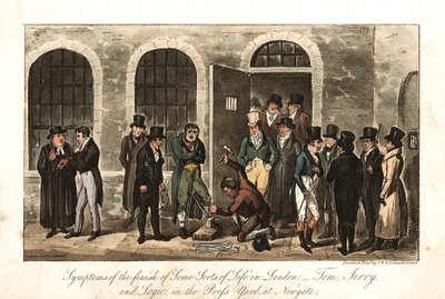 Tom, Jerry ja Logic Press Yardissa, Newgaten vankilassa, Lontoossa, 1821 tekijältä George Cruikshank