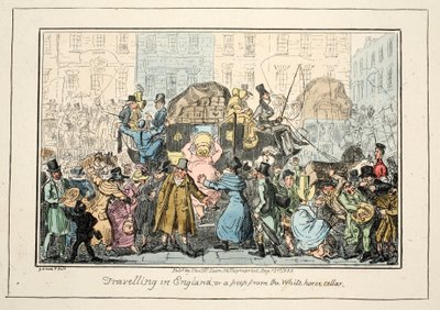 Matkustaminen Englannissa - tai kurkistus Valkoisen hevosen kellarista, pub. 1835 (käsin väritetty kaiverrus). tekijältä George Cruikshank