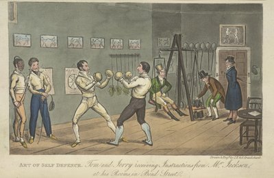 Kaksi miestä nyrkkeilemässä, "Life in London, etc.", kirjoittanut Pierce Egan tekijältä George Cruikshank