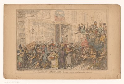 Verkeerschaos buiten het hotel Old White Horse Cellar Piccadillyssa Piccadillyn haitat! Omistettu piirin arvokkaille virkaa tekeville tuomareille (nimike esineessä) tekijältä George Cruikshank