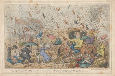 Erittäin epämiellyttävä sää, tai vanhan sanonnan vahvistama "sataa kissoja, koiria ja haarukoita."!!! tekijältä George Cruikshank