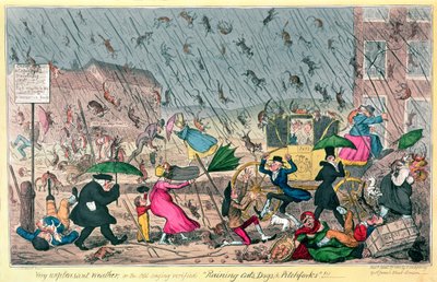 Erittäin epämiellyttävä sää, tai vanhan sanonnan vahvistama Raining Cats, Dogs ja Pitchforks!, pubi. kirjoittanut G. Humphrey, 1820 tekijältä George Cruikshank