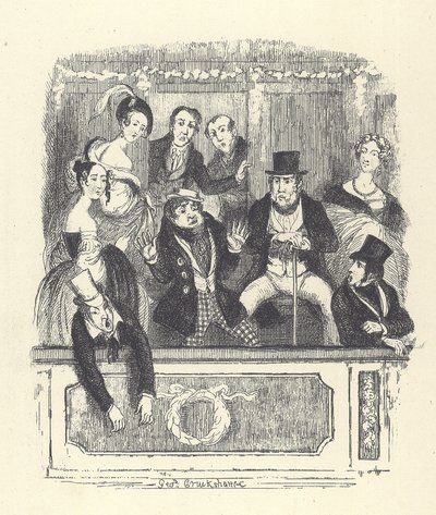 Viktoriaaniset teatterivieraat ryntäävät laatikkoon Lontoon teatterissa (kaiverrus) tekijältä George Cruikshank