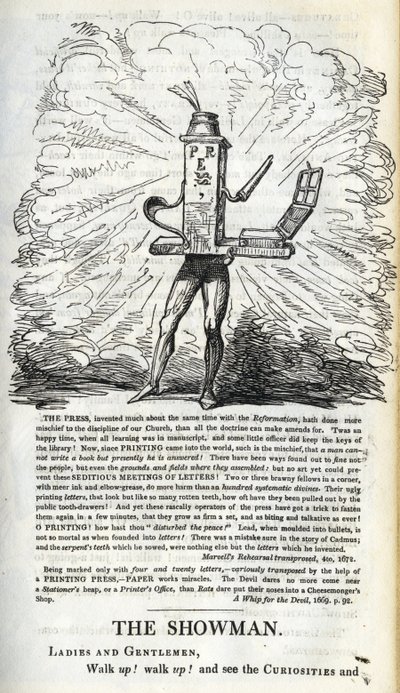 Lehdistön voitto kansanvapauksien puolesta, kuvitus teoksesta "Poliittinen showmies - kotona!" kirjoittanut William Hone, julkaistu 1821 tekijältä George Cruikshank