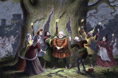 William Shakespeare Windsorin iloiset vaimot, näytelmä, joka esitettiin ensimmäisen kerran vuonna 1597 tai 1600. Falstaff, joka on pitänyt tehtävänsä Windsor Forest Mistress Fordin kanssa Herne-metsästäjänä ja joutunut 