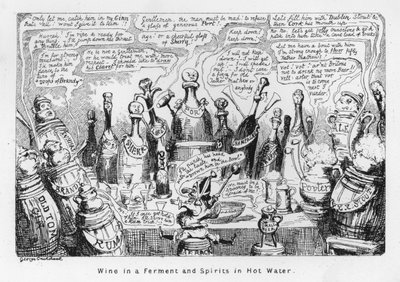 Viini käymisessä ja väkevät alkoholijuomat kuumassa vedessä (kaiverrus) tekijältä George Cruikshank