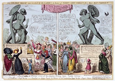 Naiset ihailemassa Akhilleuksen patsasta, Hyde Park, Lontoo, 1822. tekijältä George Cruikshank