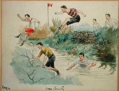 Huhtikuu: Cross Country (kynä ja muste ja akvarelli paperille) tekijältä George Derville Rowlandson