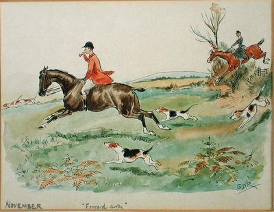 Marraskuu: Metsästys (kynä ja muste ja akvarelli paperille) tekijältä George Derville Rowlandson