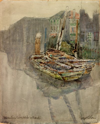 Ankeriasveneet kanavassa Dordrechtissa, Hollannissa (hiili ja akvarelli paperille liimattu kortille) tekijältä George Edward Horton