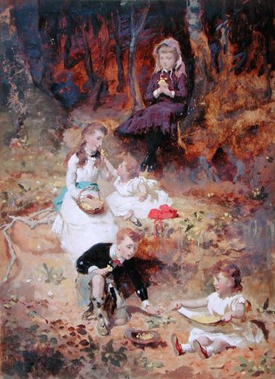 Viisi lasta leikkimässä metsässä (öljy kortille) tekijältä George Elgar Hicks