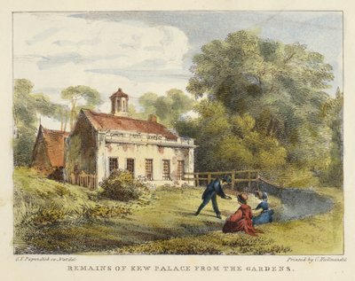 Kew Palacen jäänteet Gardensista, levy 6 Kew Gardensista: Sarja 24 piirustusta kiveen, kaiverrettu Charles Hullmandel (1789-1850), julkaistu 1820 (käsinvärinen litho) tekijältä George Ernest after Papendiek
