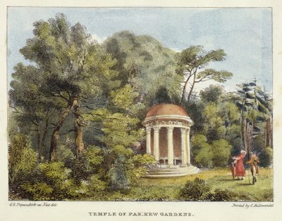 Temple of Pan, Kew Gardens, levy 12 Kew Gardens: A Series of Twenty-Four Drawings on Stone, kaiverrettu Charles Hullmandel (1789-1850), julkaistu 1820 (käsinvärinen litho) tekijältä George Ernest after Papendiek