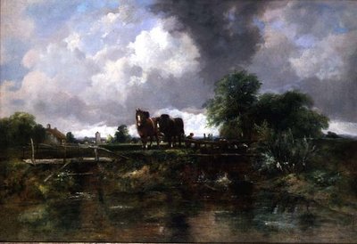 Metsäinen jokimaisema, jossa hevoset työskentelevät lukossa (öljy kankaalle) tekijältä George Frederic Watts