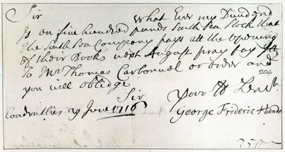 Händelin kirjoittama kirje, kesäkuu 1716 tekijältä George Frederick Handel