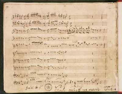 Viimeisen folion alkuperäinen partituuri Susanna-oopperasta tekijältä George Frederick Handel