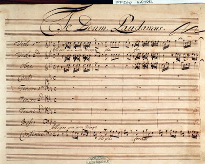G F Händelin Te deumin partituurin nimisivu tekijältä George Frederick Handel