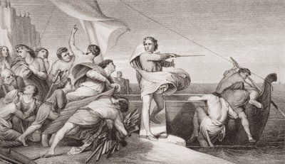 Kuningas Alfred yllytti anglosakseja torjumaan tanskalaisten hyökkäystä vuonna 876 jKr., "Englannin ja Skotlannin historian kuvituksista" osa I. tekijältä George Frederick Watts