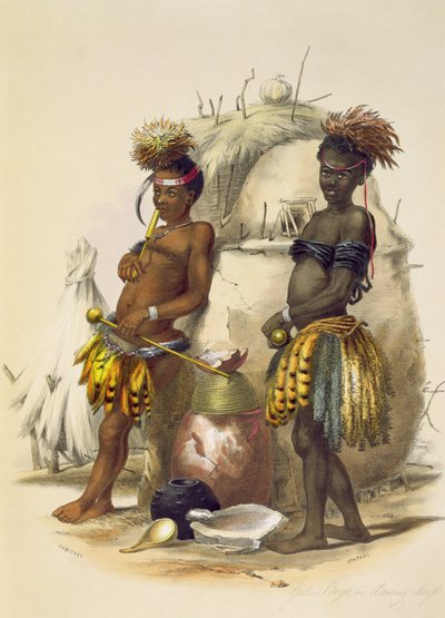 Dabiyaki ja Upapazi, Zulu Boys in Dancing Dress, levy 17 The Kafirs Illustratedista, 1849 tekijältä George French Angas