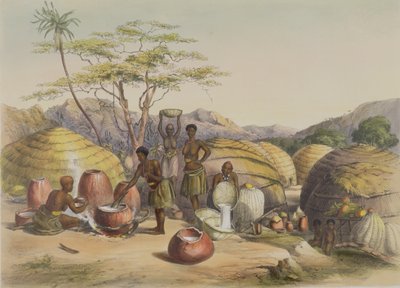 Gudun kraal Tugalassa, Naiset tekevät olutta, lautanen 26 The Kafirs Illustratedista, 1849 tekijältä George French Angas