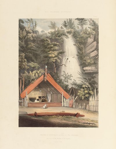 House of Hiwikau, Mother of the Heuneu ja Falls of Ko Waihi, Te Rapa, levy 21 teoksesta "The New Zelanders Illustrated", 1847 tekijältä George French Angas