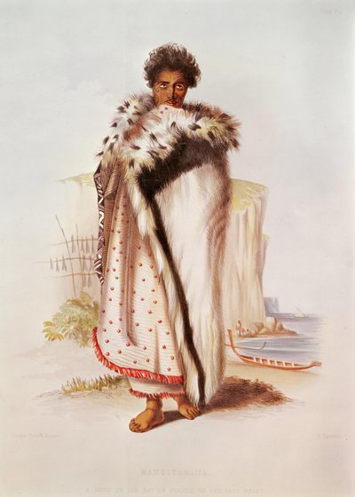 Rangitakina, Bay of Plentyn päällikkö itärannikolla, kuvitus New Zealand Illustrated, kaiverrus W. Hawkins, n. 1845 tekijältä George French Angas