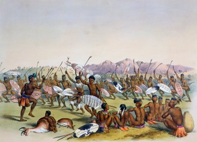 "Zulujen metsästystanssi lähellä Engooi-vuoria", 1849 tekijältä George French Angas