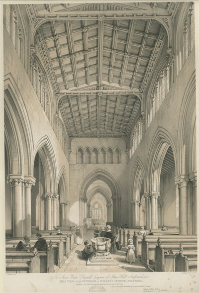 Stafford – Pyhän Marian kirkon sisustus: sävytetty litografia, nd [c 1841] tekijältä George Gilbert Scott