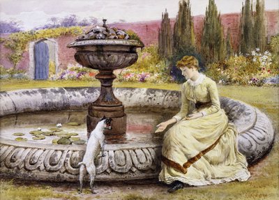 Nainen ja koira koriste-altaan vieressä, tekijältä George Goodwin Kilburne