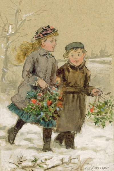 Lapset leikkivät lumessa - keräilemässä Hollya (wc korotettu valkoisella paperilla) (katso pari kohdasta 224240) tekijältä George Goodwin Kilburne
