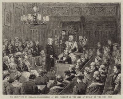 Mr Gladstone Irlannissa, Dublinin kaupungin vapauden esittely kaupungintalolla tekijältä George Goodwin Kilburne