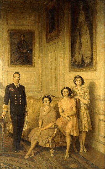 Kuninkaallinen perhe: Kuningas Yrjö VI, kuningatar Elizabeth ja heidän kaksi tytärtään, prinsessa Margaret ja prinsessa Elizabeth tekijältä George Harcourt