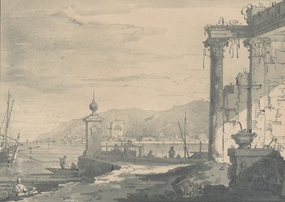 Rannikkokohtaus, jossa on klassinen raunio oikealla, 1811. tekijältä George Hawkins