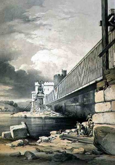 Conway Tubular Bridge, jossa on valmistelut toisen putken nostamiseksi, pub. vuonna 1849 (litho) tekijältä George Hawkins