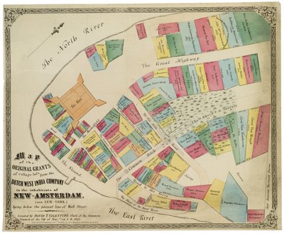 Kartta Dutch West India Companyn alkuperäisistä kylätonteista New-Amsterdamin (nykyinen New York) asukkaille nykyisen Wall Streetin linjan alapuolella, 1857 (musta muste, värillä) tekijältä George Hayward