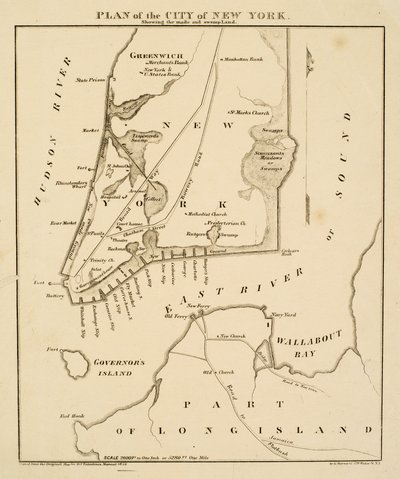 New Yorkin kaupungin suunnitelma, jossa näkyy tehty [sic] ja suoalue, 1856 (musta muste paperille) tekijältä George Hayward